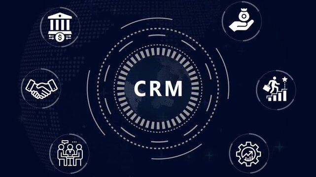 Financial and Business  CRM  cronym in center of hexagonal diagram with business icons and  Accents finance technology world map ON BACKGROUND...