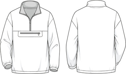 Men pullover jacket technical fashion sketch front back view with half zip high collar isolated cad flat vector illustration © Hey World
