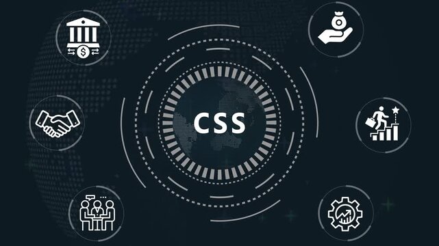 Financial and Business  CSS cronym in center of hexagonal diagram with business icons and  Accents finance technology world map ON BACKGROUND...