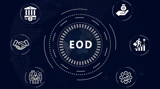 Financial and Business  EOD cronym in center of hexagonal diagram with business icons and  Accents finance technology world map ON BACKGROUND...