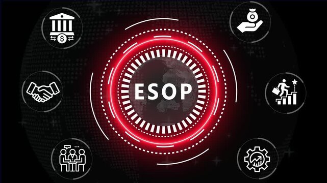 Financial and Business  ESOP cronym in center of hexagonal diagram with business icons and  Accents finance technology world map ON BACKGROUND...