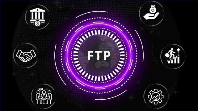 Financial and Business  FTP cronym in center of hexagonal diagram with business icons and  Accents finance technology world map ON BACKGROUND...