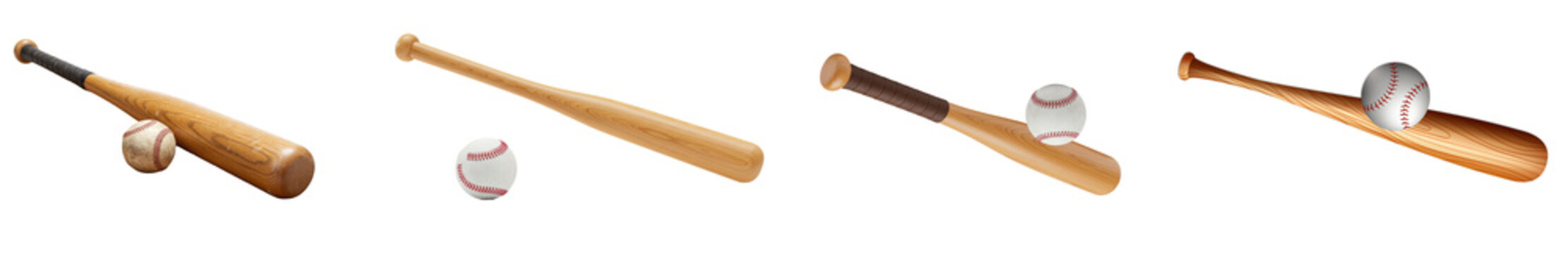 a series of detailed 3d renders depicting various baseball bats and baseballs, perfectly isolated for design projects.