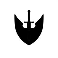 Shield with sword symbol, solid black shapes, clean edges, minimal flat logo style, isolated on a pure white background, the shield is symmetric with a bold sword icon at its center, the sword has a s