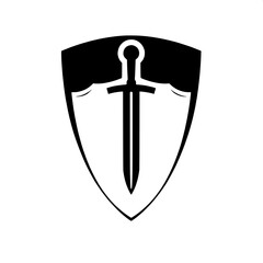 Shield with sword symbol, solid black shapes, clean edges, minimal flat logo style, isolated on a pure white background, the shield is symmetric with a bold sword icon at its center, the sword has a s