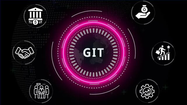 Financial and Business  GIT cronym in center of hexagonal diagram with business icons and  Accents finance technology world map ON BACKGROUND...