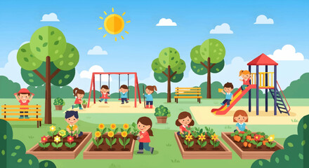 Fototapeta premium Children enjoying a sunny day at the park with playground and garden
