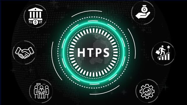 Financial and Business  HTPS cronym in center of hexagonal diagram with business icons and  Accents finance technology world map ON BACKGROUND...