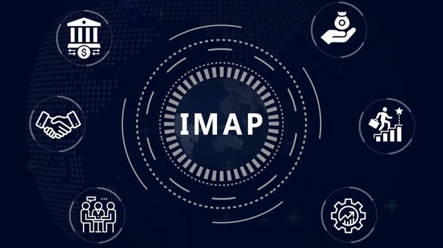 Financial and Business  IMAP cronym in center of hexagonal diagram with business icons and  Accents finance technology world map ON BACKGROUND...