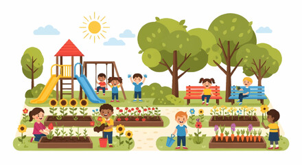 Children playing and gardening in a vibrant park on a sunny day