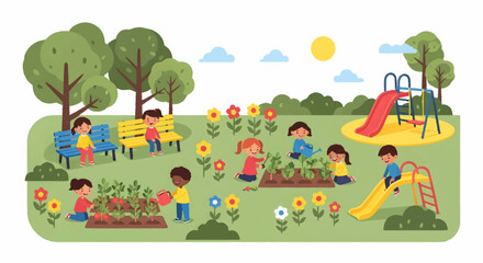 Obraz premium Children playing and gardening in a vibrant park on a sunny day