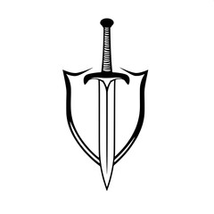Fantasy warrior emblem featuring a vertical sword with a shield outline, depicted in a monochrome black silhouette, rendered in a flat vector style with crisp lines and sharp edges, set against a neut