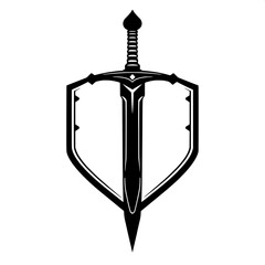 Fantasy warrior emblem featuring a vertical sword with a shield outline, depicted in a monochrome black silhouette, rendered in a flat vector style with crisp lines and sharp edges, set against a neut