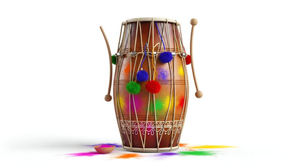 Traditional wooden dholak drum with colorful pom poms and powder splashes for indian music