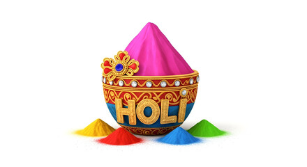 Colorful pink powder in a traditional golden bowl with holi text for indian spring festival