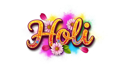 Decorative happy holi typography with pink flowers and colorful powder for festive celebration