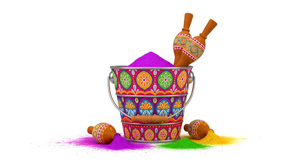 Traditional metal bucket with wooden sticks and colorful powder for holi festival celebration
