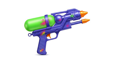 Purple and green water gun pichkari toy for holi festival celebration isolated on white background