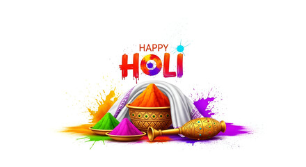 Artistic happy holi text with colorful powder bowl and golden liquid isolated on white background