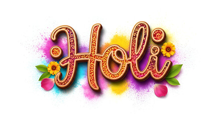 Decorative happy holi typography with colorful powder splashes and flowers for indian spring festival