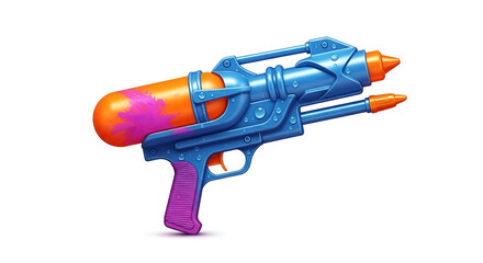 Blue water gun toy filled with orange liquid for holi festival celebration isolated on white background