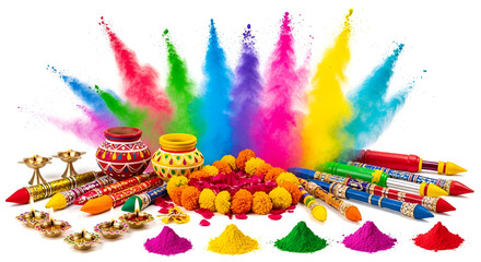 Traditional holi festival background with colorful powder clouds and floral garland on white background