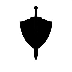 Minimal sword and shield icon featuring a black flat silhouette of a sword and shield overlapping, centered perfectly in the frame, with a modern logo design aesthetic, set against a clean and crisp w
