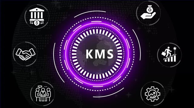 KMS acronym in center of hexagonal diagram with business icons and  world map Keywords:  KMS Acronym, Business, technology, Diagram, hexagonal, concept, icons hexagonal, icons, world map