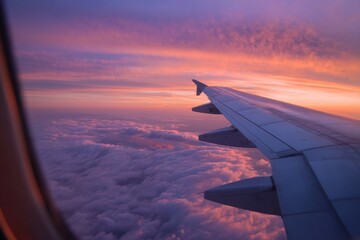 Fototapeta premium The view of an aeroplane wing in flight at sunset.
