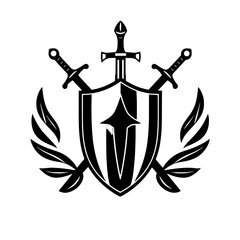 Knight emblem logo featuring a prominent sword and shield, rendered as a solid black silhouette with clean lines and minimal details, created as a simple vector illustration with no gradients, set aga