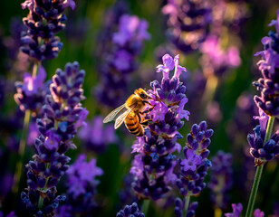 Detailed macro photography of a bee collecting nectar on lavender flowers. Natural pollination moment showcasing biodiversity, ecology and delicate beauty of wildlife in soft natural light.