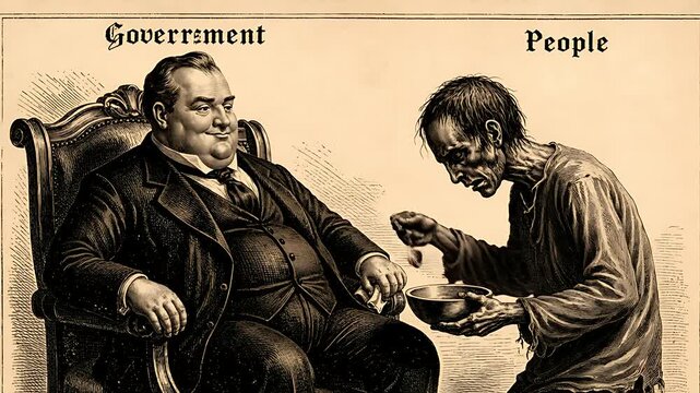 Vintage political cartoon illustrating extreme economic disparity where an obese government figure is being spoon-fed by a starving and emaciated representation of the general public.