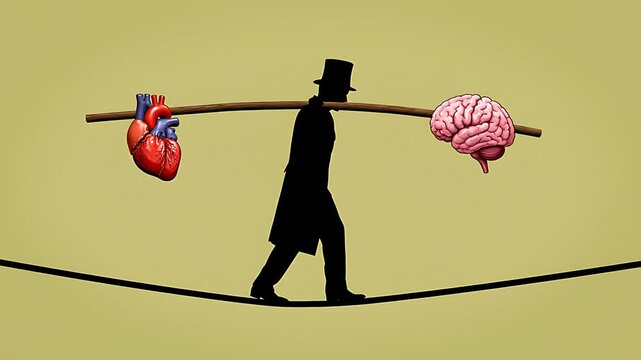 Silhouette of a man in a top hat precariously balancing the human heart and brain while tightrope walking across a thin line symbolizing life's complex choices and internal struggles.