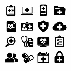 Set of medical icons including devices, documents, and symbols