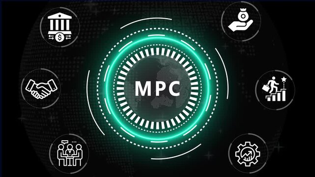 MPC acronym in center of hexagonal diagram with business icons and  world map Keywords: MPC Acronym, Business, technology, Diagram, hexagonal, concept, icons hexagonal, icons, world map