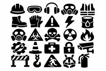 Safety icons: protective gear, hazard signs, and emergency symbols collection