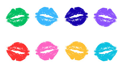 Set of colorful lipstick kiss marks representing love, beauty, romance, and pop art style. Perfect for fashion, beauty, and Valentine designs.