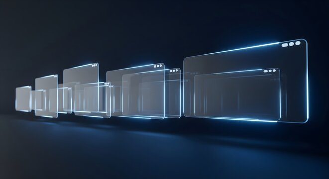 Abstract 3D illustration of glowing transparent browser interface windows floating in a dark digital space representing networking and data flow.