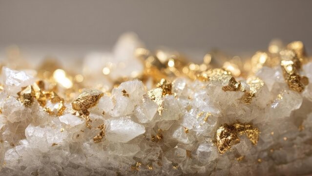 White quartz crystal cluster with gold flakes sprinkled on top. Concept White quartz crystal cluster, Gold flakes accent, Crystal centerpiece, Elegant natural decor