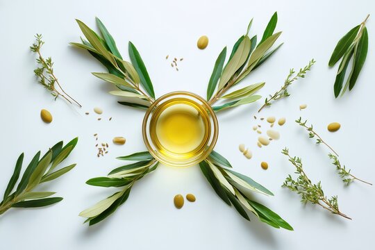 Olive branches and cumin seeds form X with central glass bowl. Clean white flat lay, soft greens. Ideal for organic product labels, wellness articles, marketing.