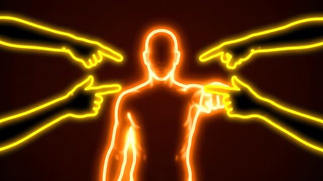 A glowing neon silhouette of a person being singled out and pointed at intensely by multiple surrounding, illuminated hands, symbolizing accusation or selection in dark space.