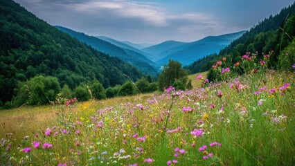 Obraz premium A valley meadow filled with colorful wildflowers, bordered by forested hills and distant blue mountains. Concept Valley meadow, Colorful wildflowers, Forested hills, Distant blue mountains