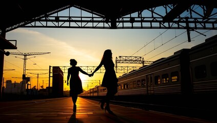 Fototapeta premium Couple Holding Hands at Train Station 1.