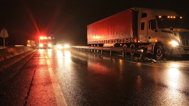 Emergency vehicle with flashing red lights attends to a semi-truck during a roadside incident on a wet highway at night