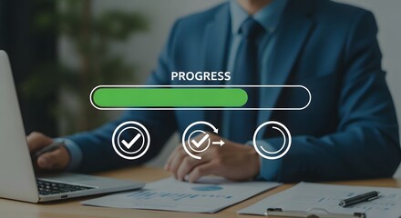 Businessman tracking progress on laptop with loading bar and checkmarks