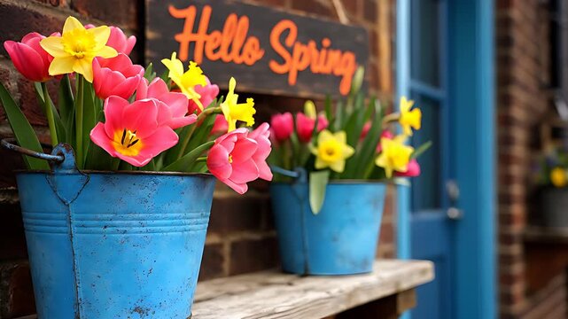Vibrant pink and yellow spring tulips and daffodils burst from distressed blue metal buckets displaying a cheerful "Hello Spring" welcome sign.