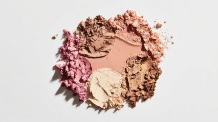 Crushed makeup powders (pink blush, beige/brown bronzer, peachy highlighter) arranged in a circular pattern on a white background. Concept Makeup Powder Art, Circular Powder Arrangement