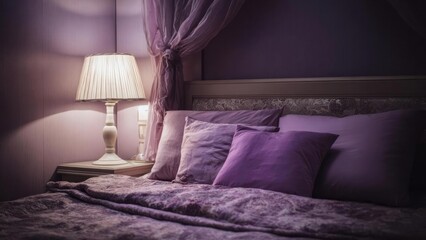 Lavender-themed bedroom with a plush bed, purple pillows, sheer drapes, and a warm bedside lamp. Concept Lavender-themed bedroom, Plush bed styling, Purple pillow accents, Sheer drapes