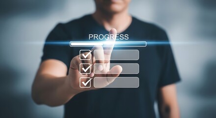 Concept of progress and development with a person interacting with a futuristic interface