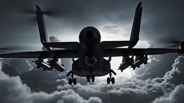 Advanced military combat drone with vertical takeoff capability flying on a mission through dramatic dark clouds
